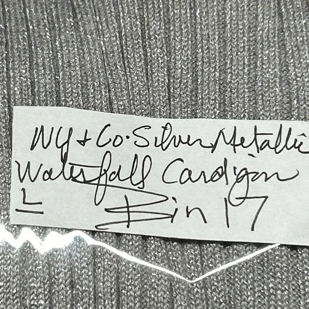 New York & Company Women’s Large‎ Silver Metallic Waterfall Cardigan Sparkle